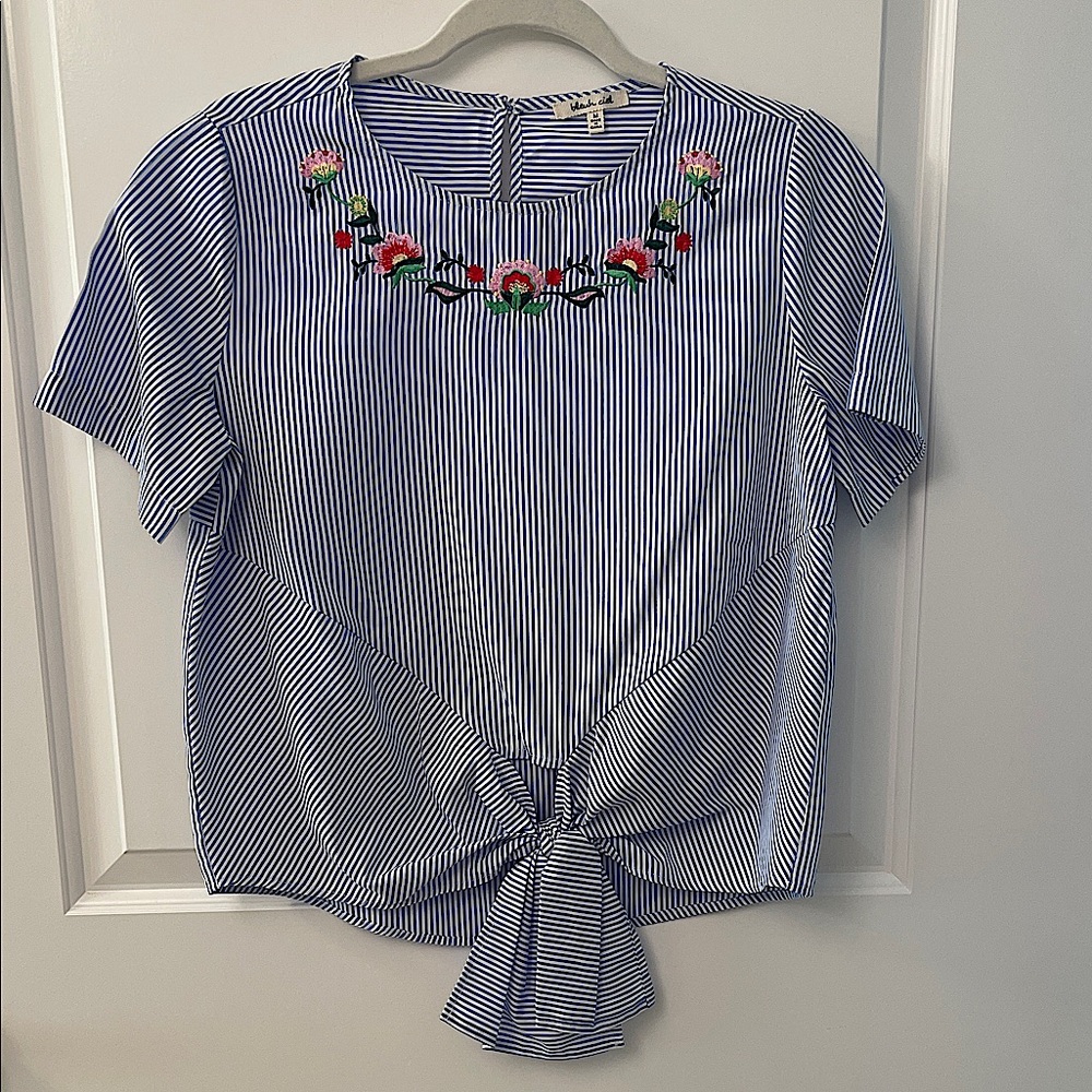 bleuh ciel Blue Striped Floral Embroidered Blouse